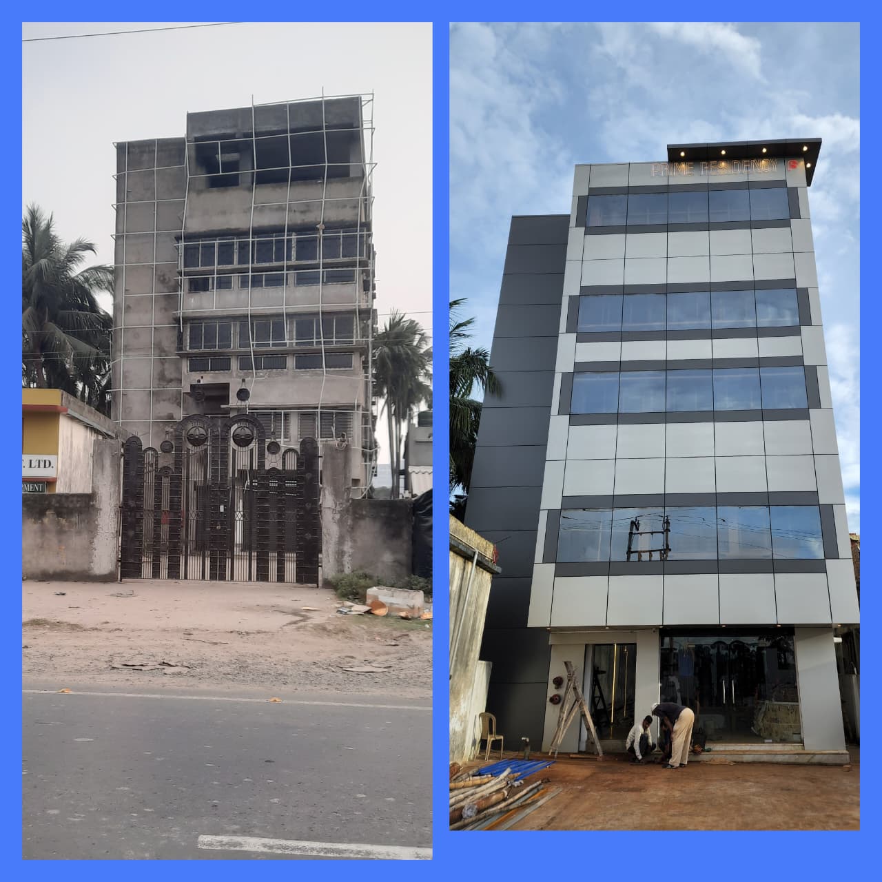 Prime Residency — bare structural shell through to the finished clad facade
